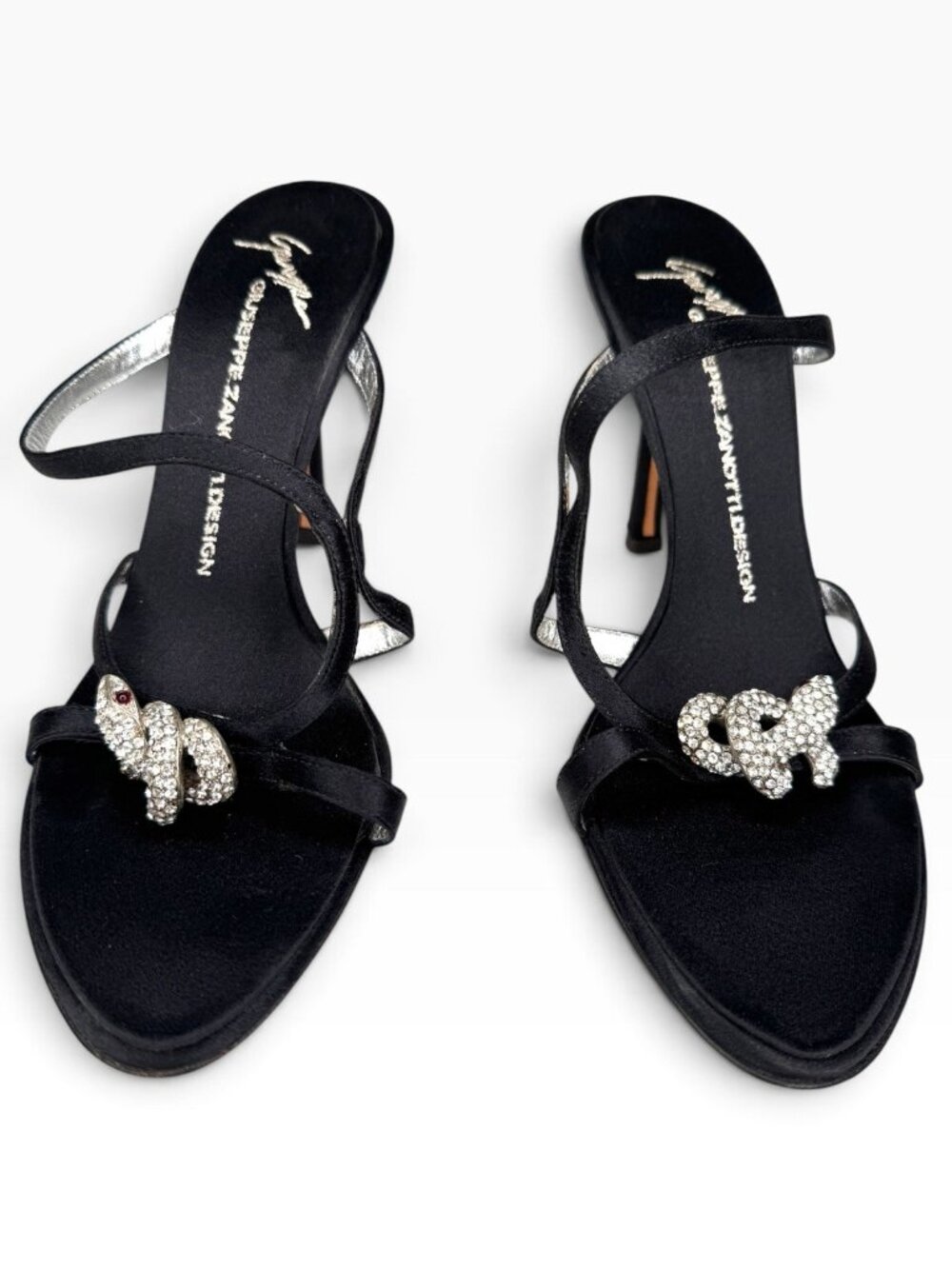 Rare Vintage Giuseppe Zanotti Vicini 38 Black Satin Crystal Snake Sandal Strappy